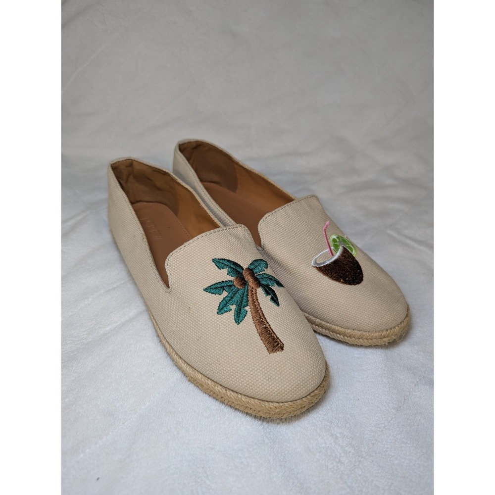 J Crew Womens Embroidered Palm Tree Coconut Cocktail Canvas Espadrilles 6.5 Flat